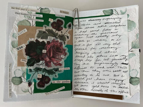 collage journal spread with random stickers ("the first step in a journey, Their fondness for each other, The stars come nightly to the sky, etc.) on top of botanicals and roses on top of green and brown paper collage