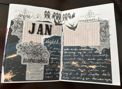 collage journal spread with a earth at night background and black stickers of florals and birds and JAN in black foam letters