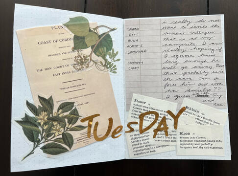 collage journal spread with botanicals and dictionary definitions and TUesDAY in gold letters