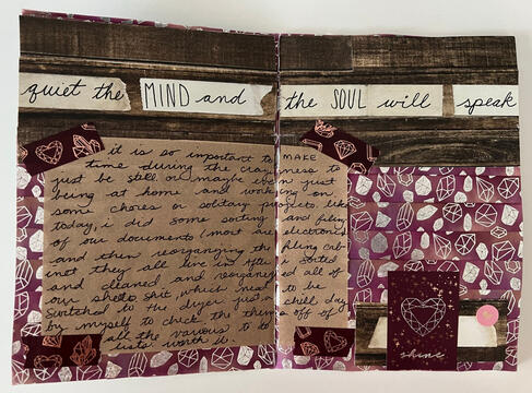 collage journal spread with gemstone washi tape background, wood grain paper with the quote "quite the MIND and the SOUL will speak"