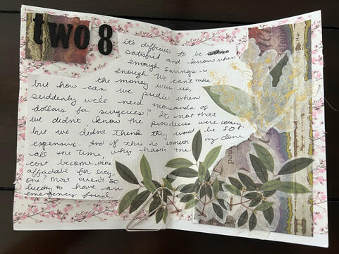 collage journal spread with sakura washi tape, gold and green florals, and two 8 in black foam letters